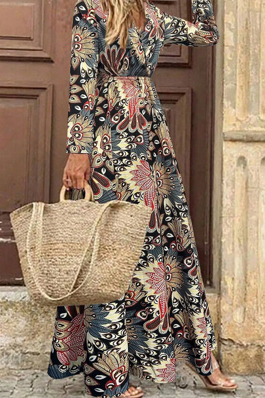 Black Floral Print V Neck Wrap High Waist Maxi Dress - Chic Meadow Boutique