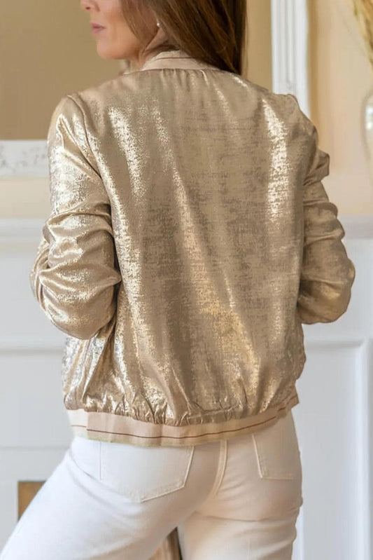 Outerwear/Jackets Pale Khaki Metallic Zip up Baseball Jacket