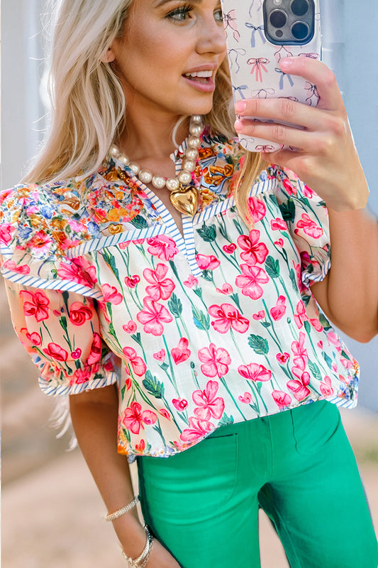 Pink Floral Print Striped Detail Split Neck Short Sleeve Blouse