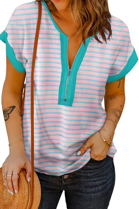 Pink Stripe Contrast Trim Half Zip Short Sleeve Top - Chic Meadow Boutique
