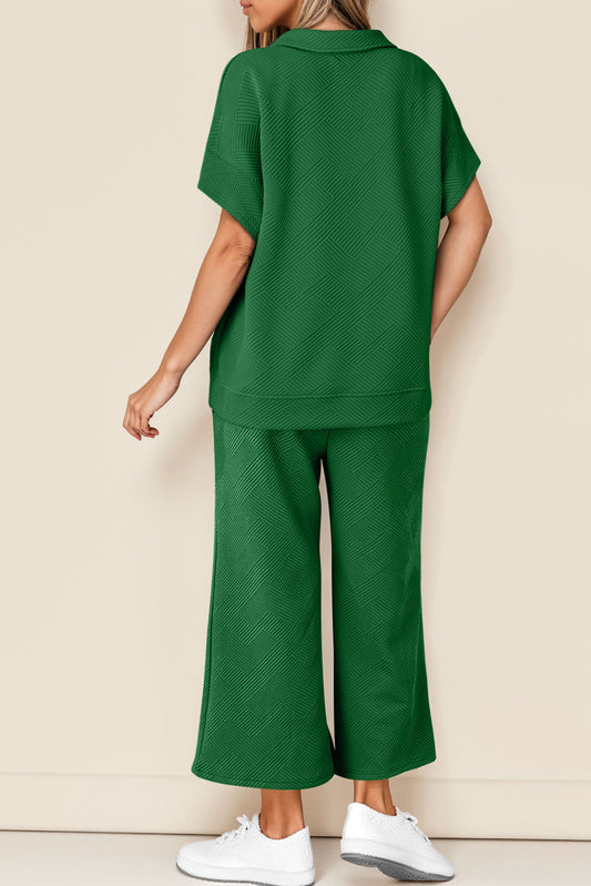 Dark Green Stylish Textured Loose Fit T Shirt and Drawstring Pants Set