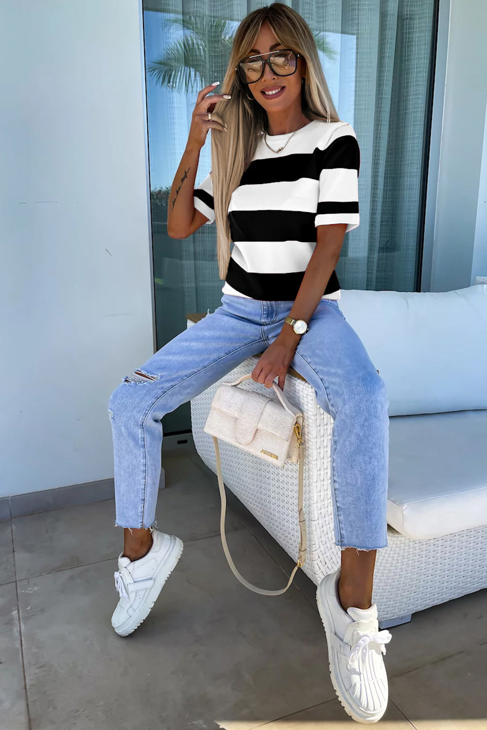 Black Stripe Colorblock Striped Knitted T shirt