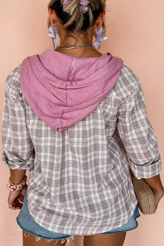 Bonbon Plaid Print Drawstring Hooded Button-up Plus Size Shirt - Chic Meadow Boutique