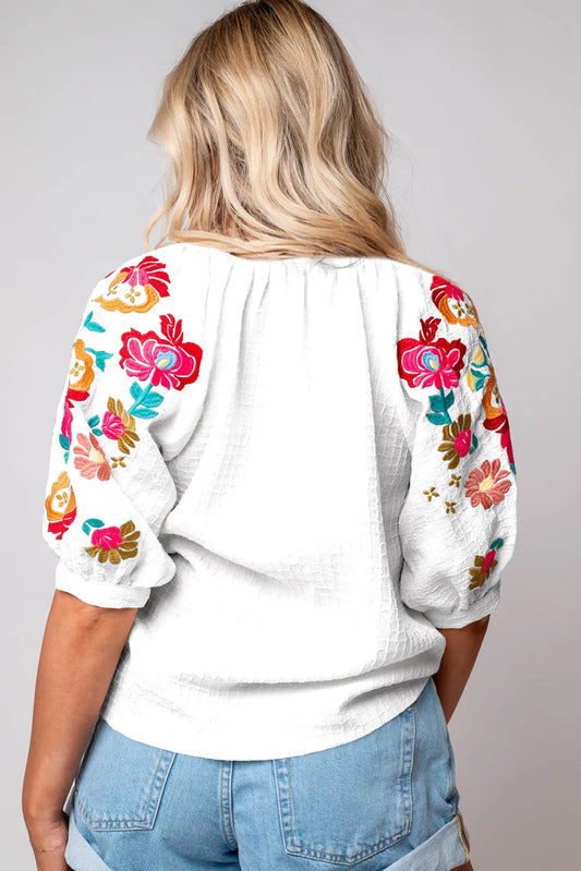 White Floral Embroidered Ricrac Puff Sleeve Textured Blouse - Chic Meadow Boutique