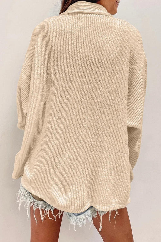 Outerwear/Jackets Apricot Solid Color Corduroy Buttoned Long Sleeve Shacket