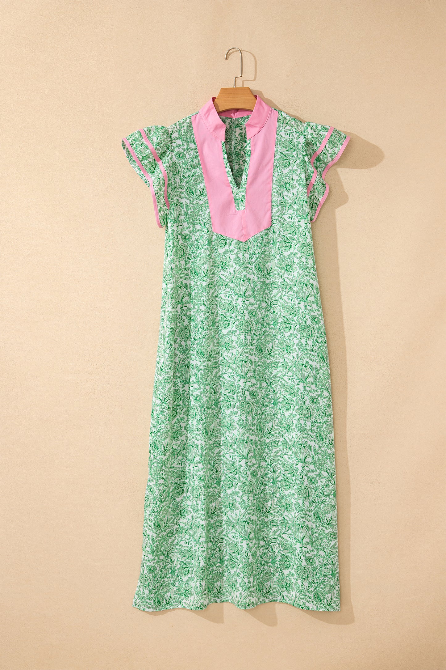 Green Floral Print Color Block Patchwork V Neck Short Sleeve Midi Dress
