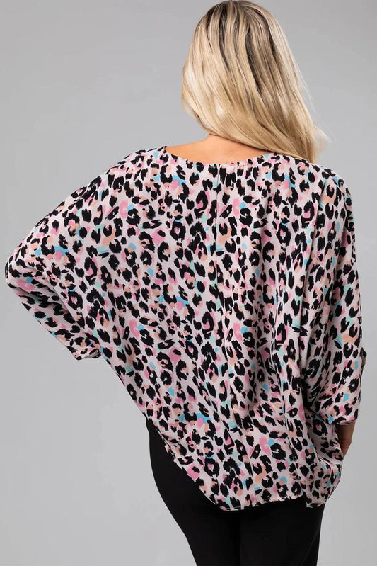 Tops/Blouses & Shirts Pink Multicolor Leopard Print V Neck Oversized Blouse