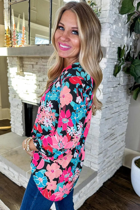 Tops/Blouses & Shirts Pink Floral V Neck Roll Tab Sleeve Blouse