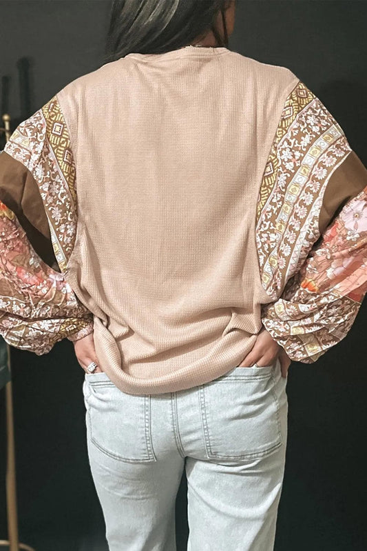 Tops/Long Sleeve Tops Parchment Contrast Floral Patchwork Puff Sleeve Waffle Knit Top