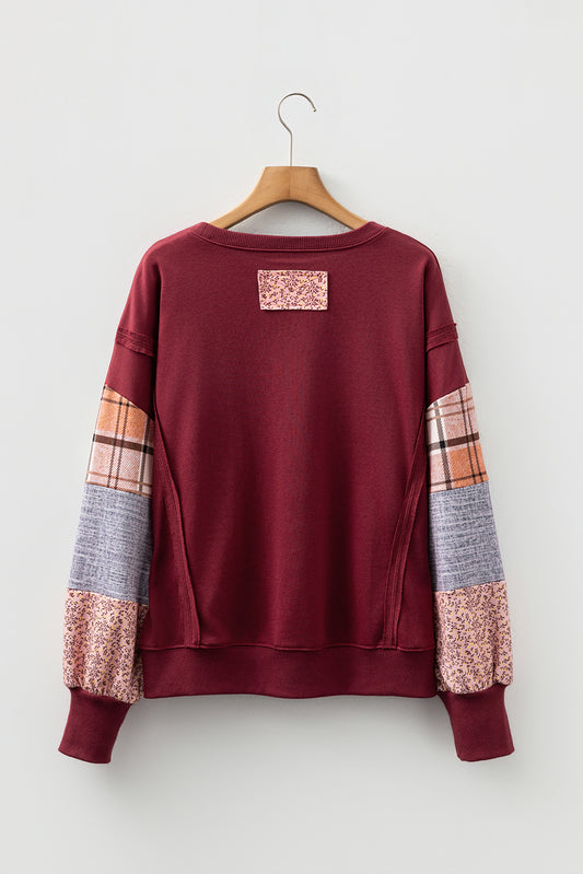 Red Sandalwood Plaid Colorblock Patchwork Sleeve Raw Seam Sweatshirt