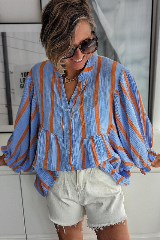 Tops/Blouses & Shirts Sky Blue Stripe Crinckled Ruffled Sleeve Button up Loose Shirt