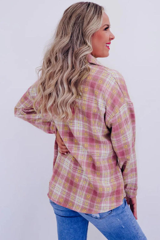 Outerwear/Plaid Shackets Pink Plaid Print Chest Pocket Long Sleeve Shacket