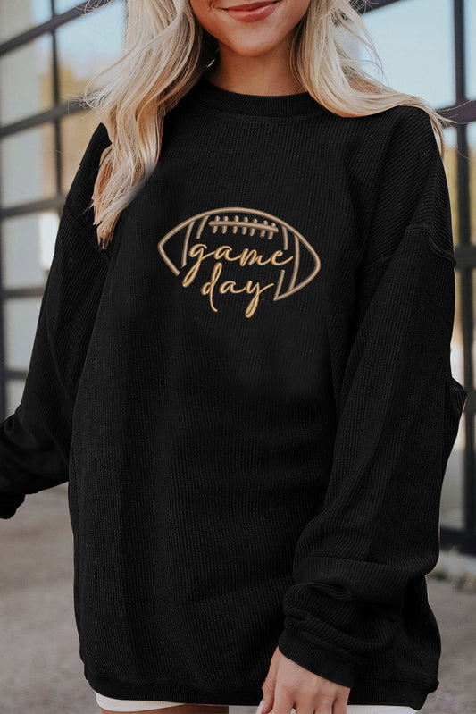 Black Rugby Game Day Embroidered Corduroy Sweatshirt
