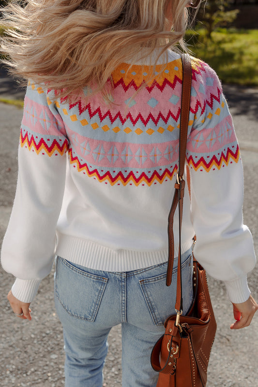 White Ethnic Geometric Colorblock Print Drop Shoulder Sweater