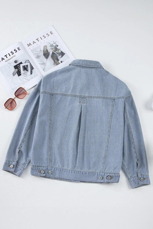 Outerwear/Denim jackets Sky Blue Stripe Washed Oversize Pocketed Denim Jacket