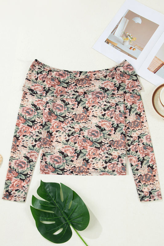 Black Floral Print Mesh Long Sleeve Foldover Off Shoulder Top