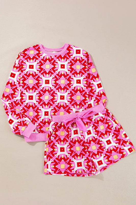 Sachet Pink Geometric Print Long Sleeve Top and Drawstring Shorts Set - Chic Meadow Boutique