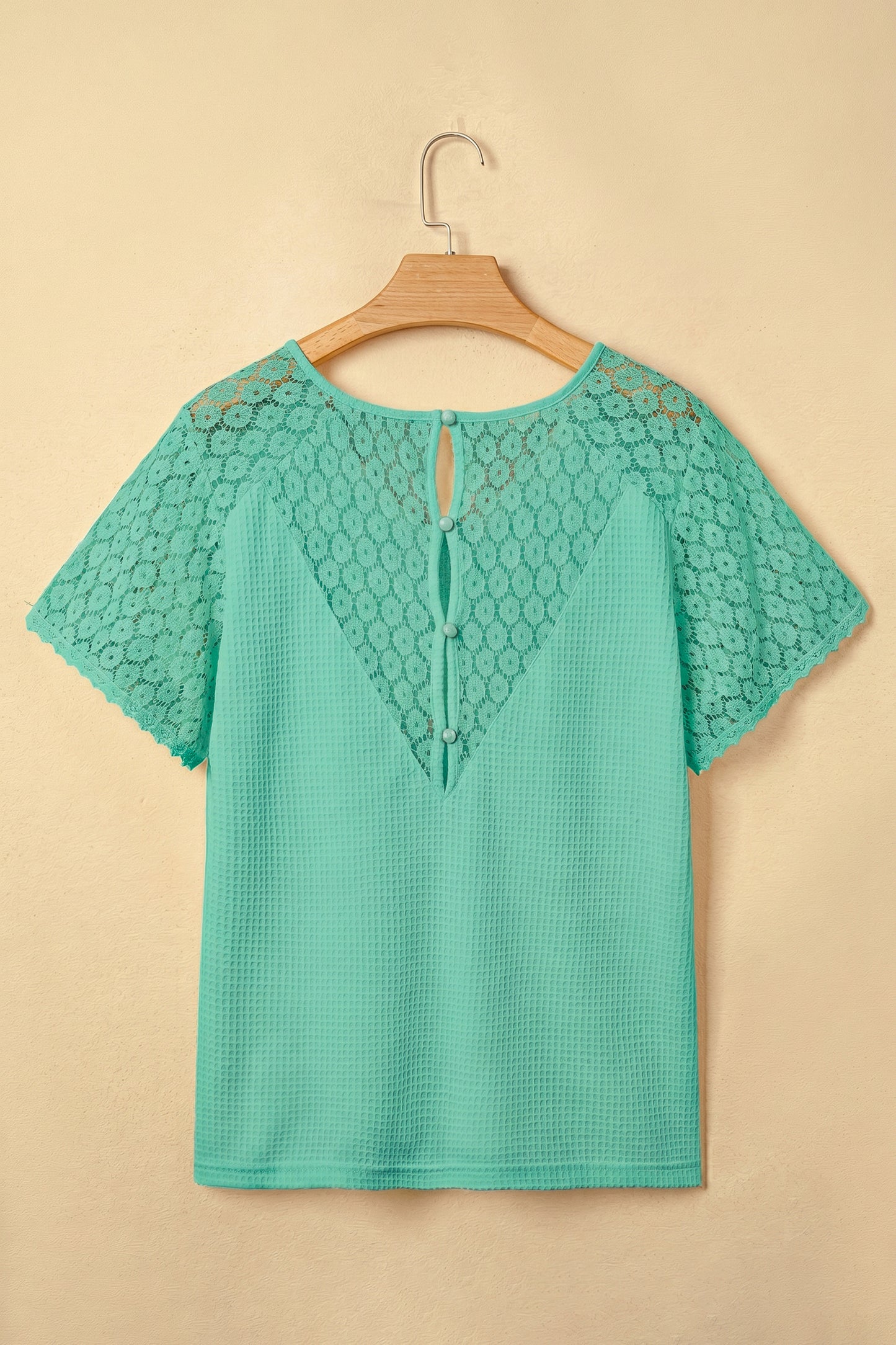 Mint Green Lace Splicing Button Cutout V Neck Waffle Knit Blouse