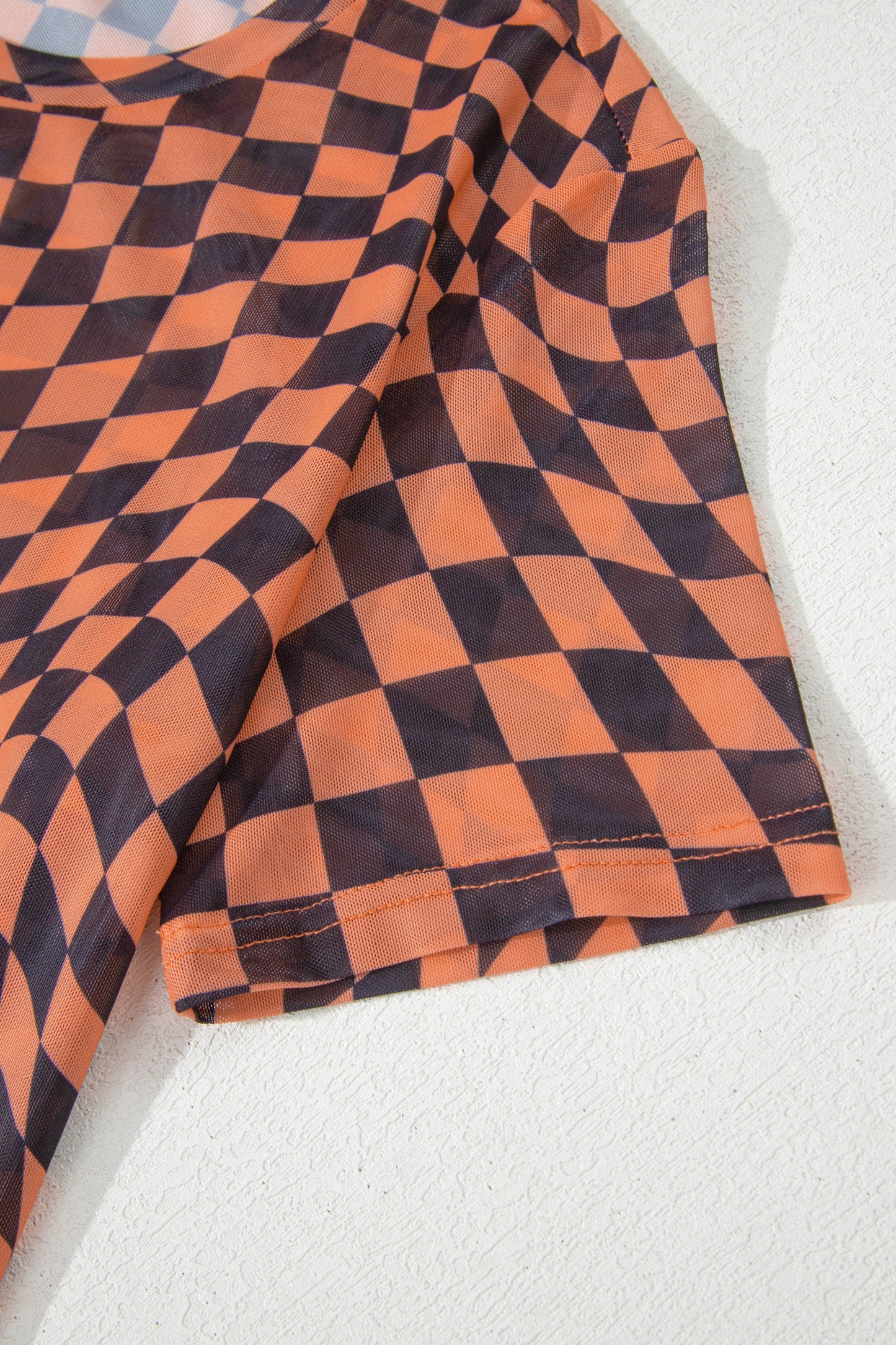 Orange Checkered Print Crew Neck Mesh T Shirt