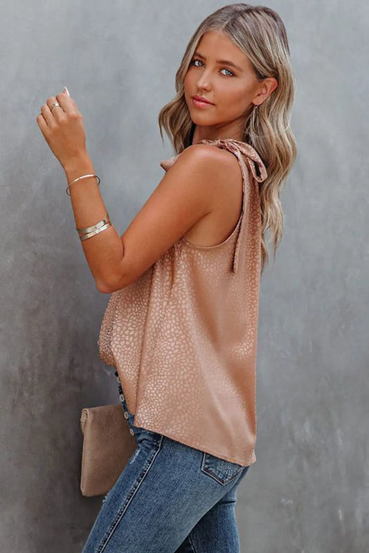 Pink Sleeveless Tie Mock Neck Leopard Tank Top - Chic Meadow Boutique