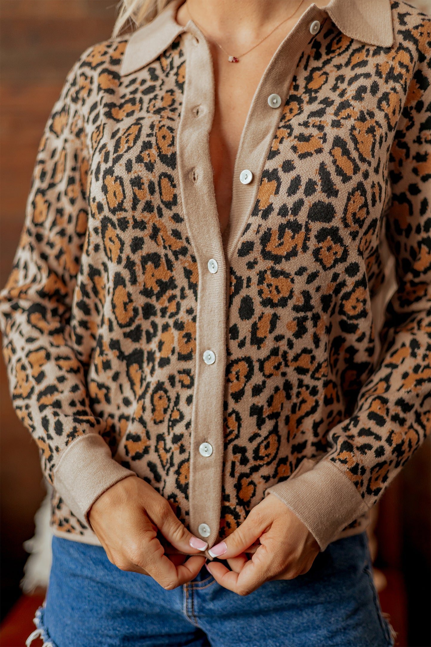 Brown Leopard Print Button-Up Cardigan Long Sleeve Cardigans