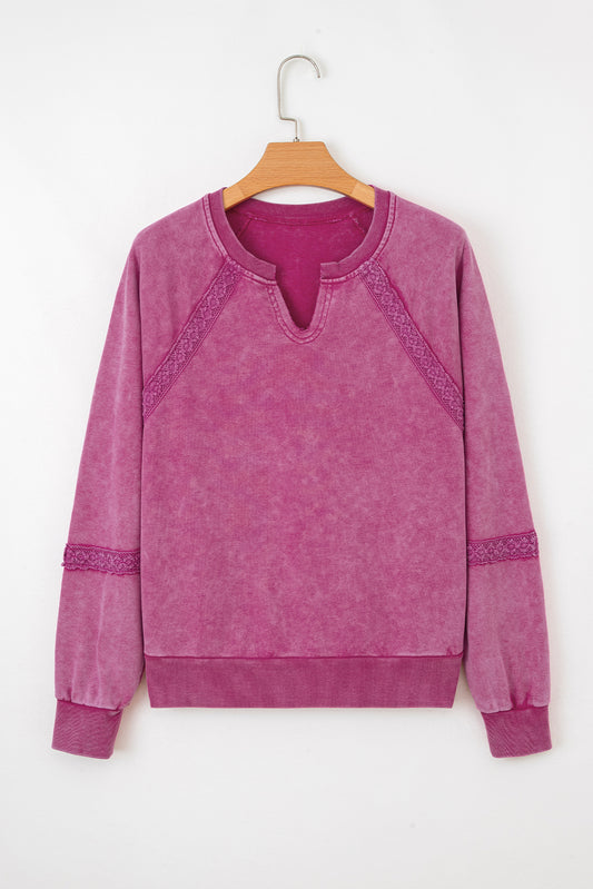 Rose Red Lace Patchwork Detail Notched Neck Mineral Wash Baggy Sweatshirt