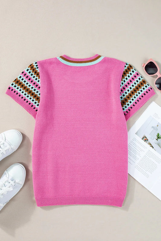 Bright Pink Contrast Printed Cap Sleeves Crewneck Sweater - Chic Meadow Boutique