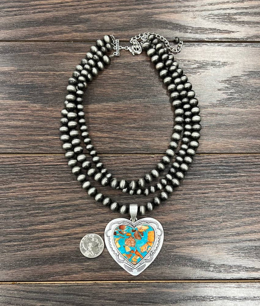 737065, Handmade 18" Navajo Heart Gemstone Necklace