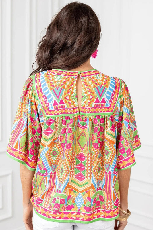 Tops/Blouses & Shirts Orange Geometric Print Bell Sleeve O Neck Babydoll Blouse