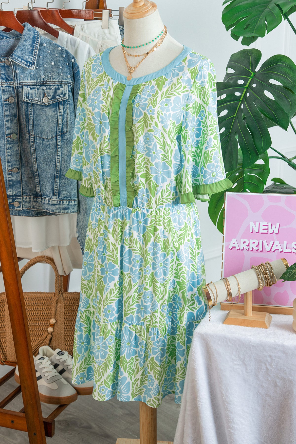 Sky Blue Floral Print High Waist Ruffle Short Sleeve Mini Dress