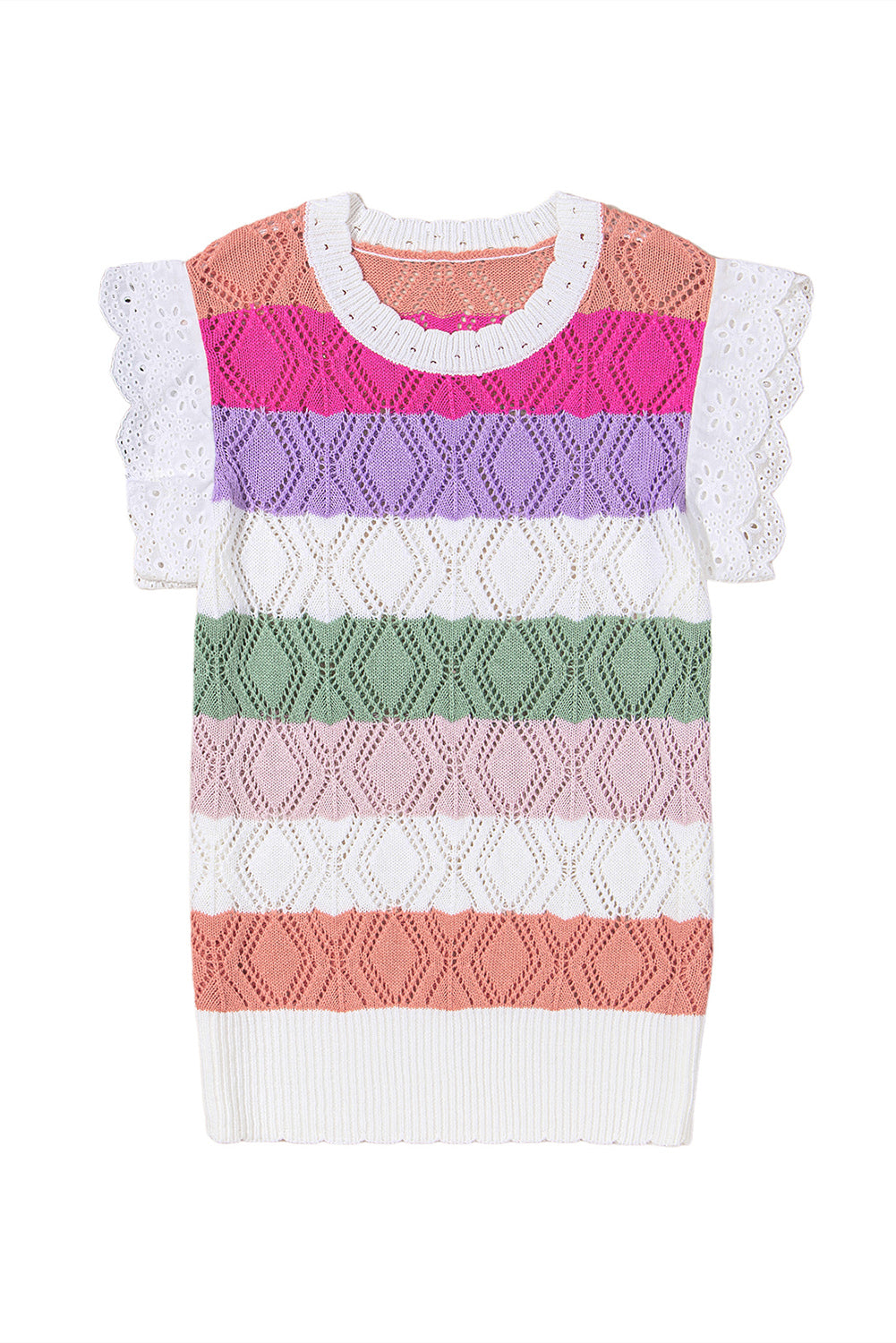 Rose Stripe Colorblock Hollowed Knit Scallop Edge Sweater Vest