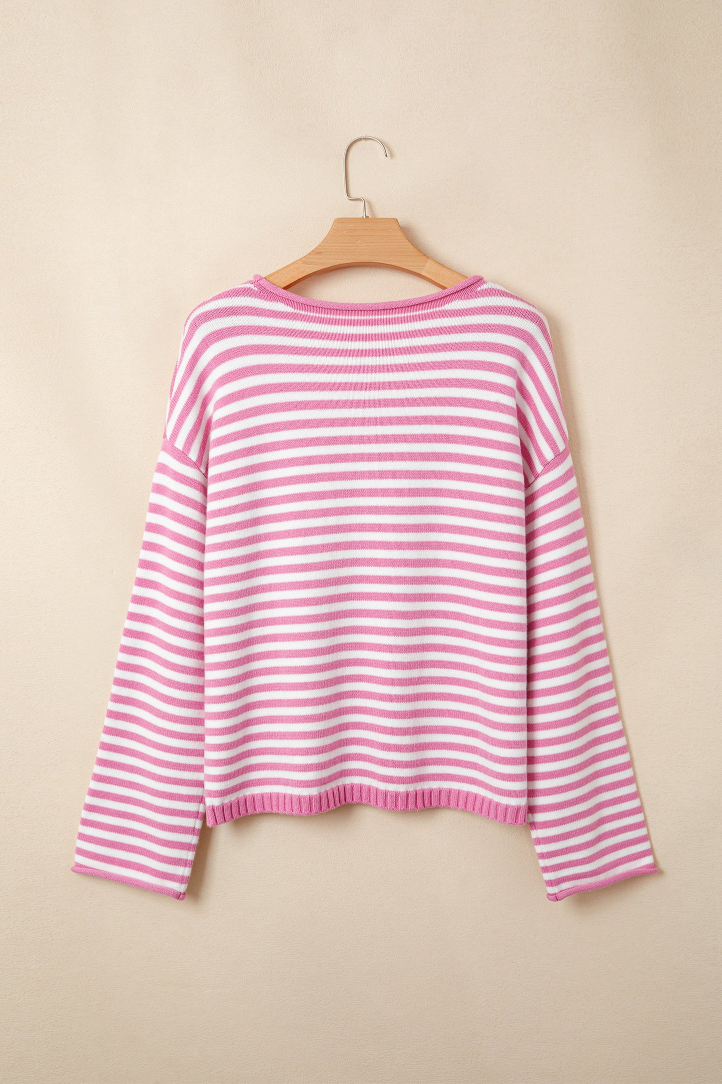 Pink Stripe Striped Button Placket Drop Shoulder Long Sleeve Sweater