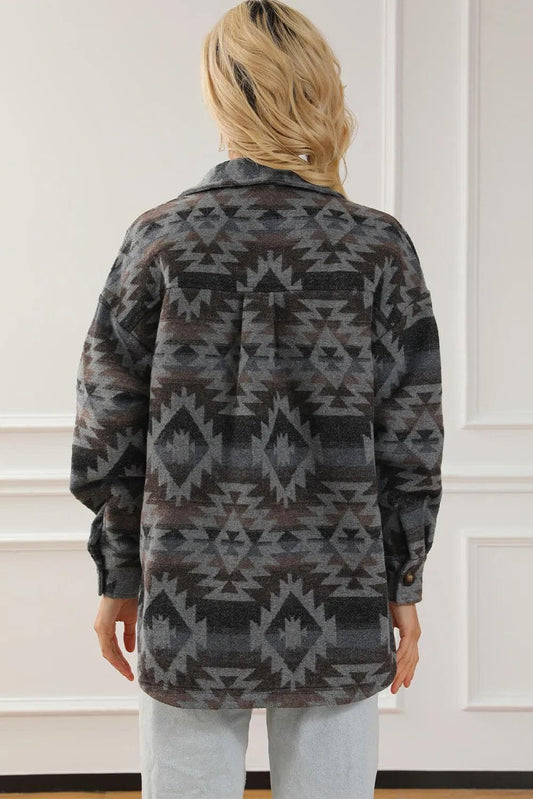 Shacket Gray Western Aztec Print Drop Shoulder Casual Shacket