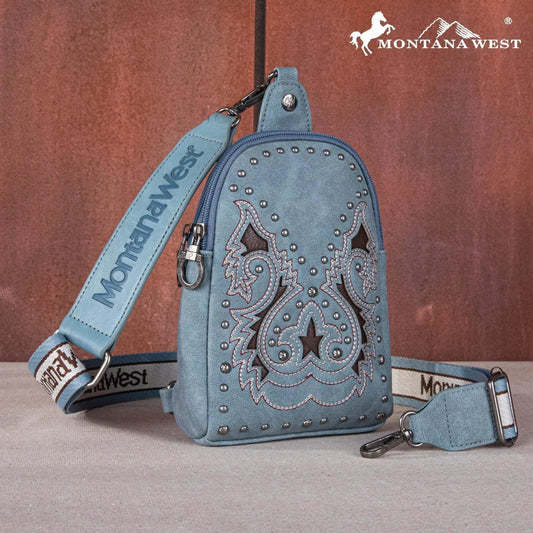 Montana West Embroidered Cut-out Boot Scroll Sling Bag - Jean