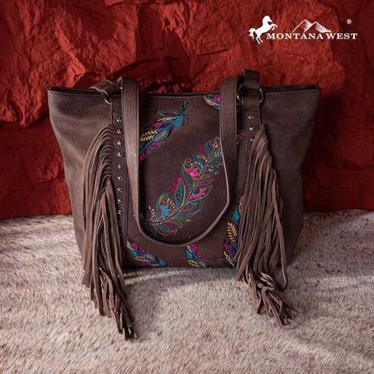 Montana West Embroidered Feather Collection Tote - Coffee
