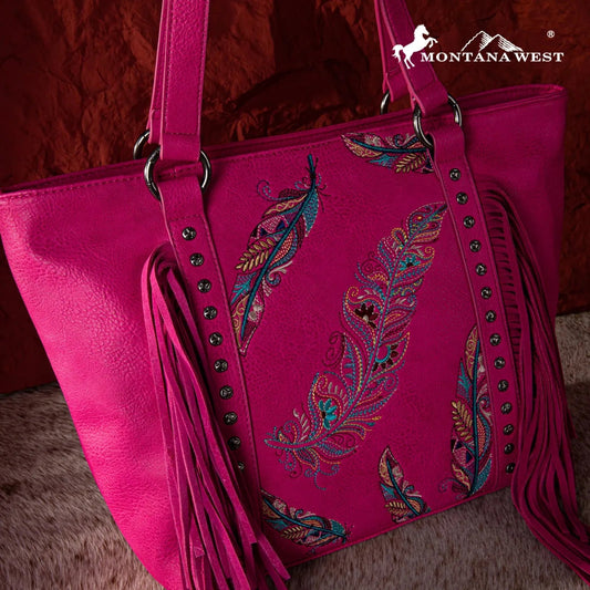 Montana West Embroidered Feather Collection Tote - Hot Pink