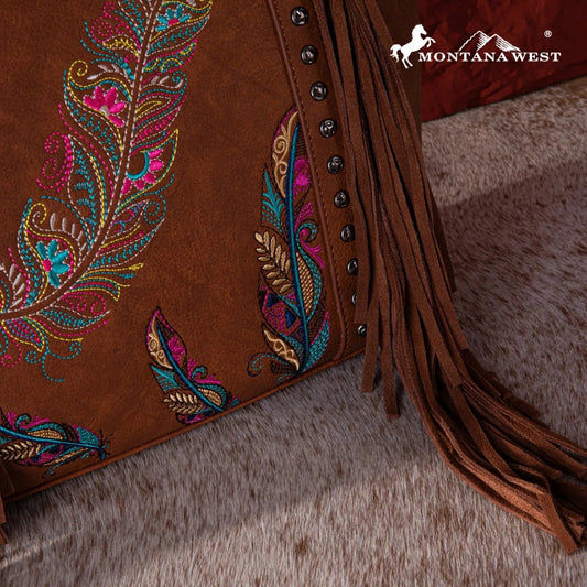 Montana West Embroidered Feather Collection Tote - Brown