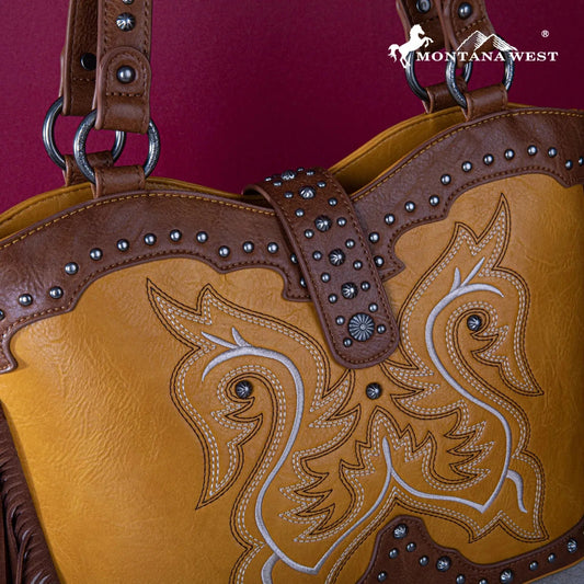 Montana West Embroidered Fringe Collection Boot Purse Tote - Mustard