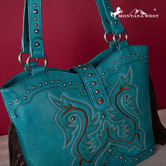 Montana West Embroidered Fringe Collection Boot Purse Tote - Turquoise