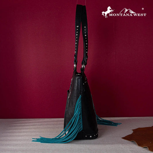 Montana West Embroidered Fringe Collection Boot Purse Tote - Black
