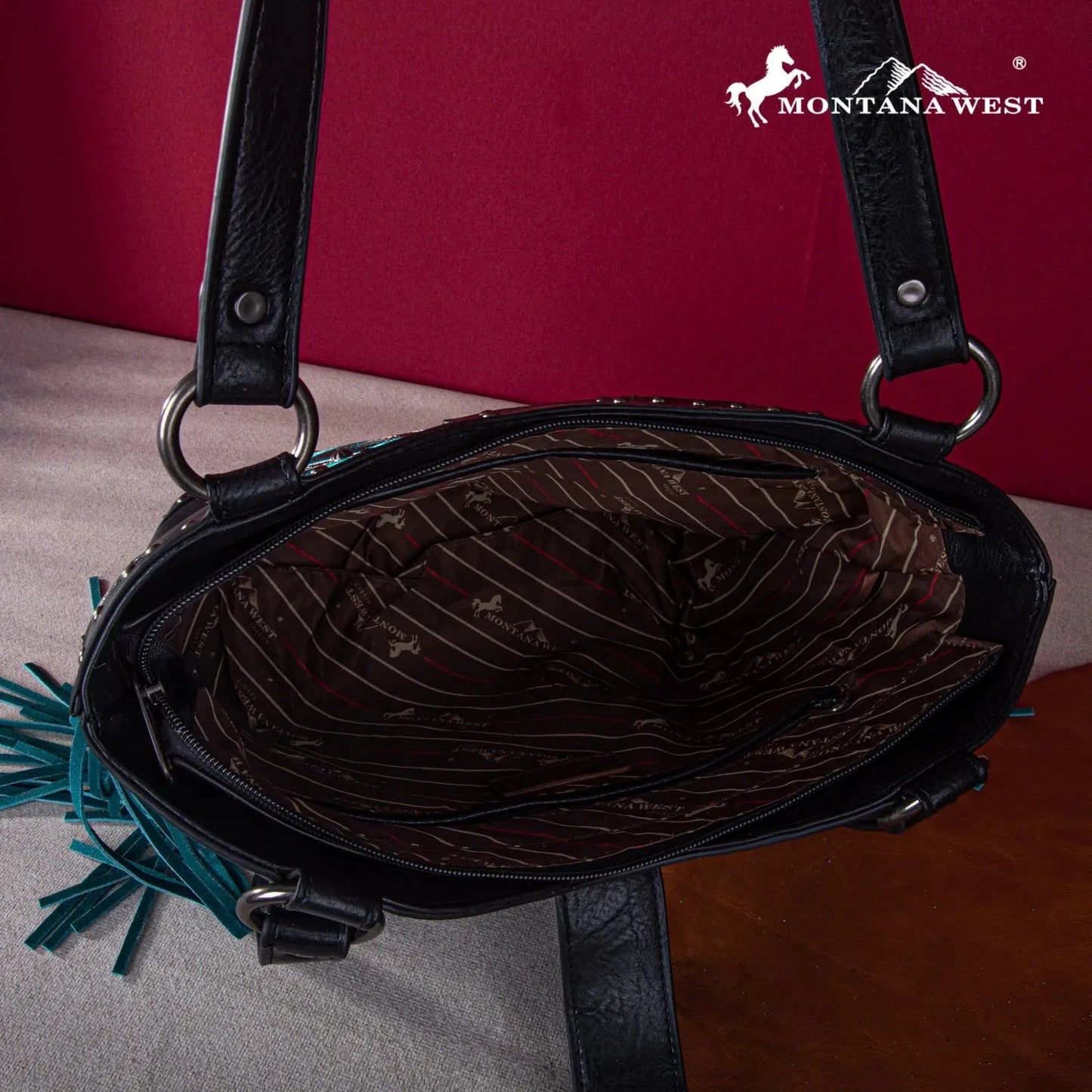 Montana West Embroidered Fringe Collection Boot Purse Tote - Black