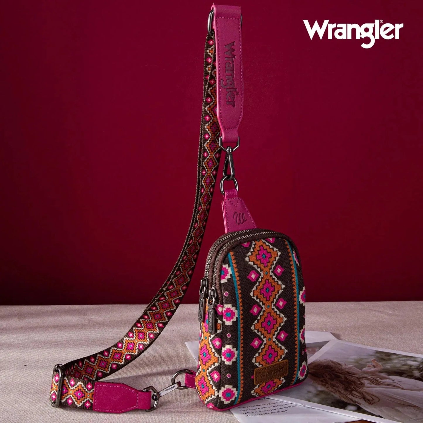 Wrangler Aztec Print Crossbody Sling Chest Bag - Hot Pink