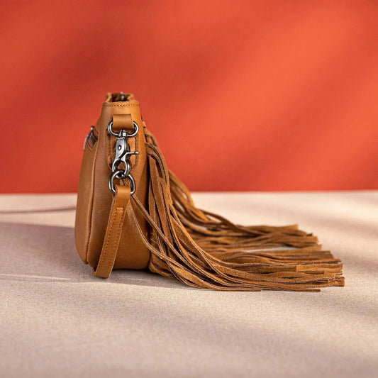 Montana West Genuine Leather Hair-On Tooled Collection Fringe Crossbody