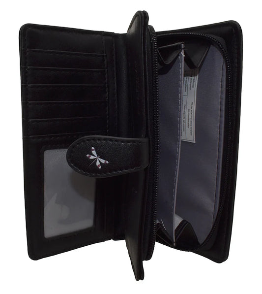 Large Black Wallet with Dragonfly Meadow Design and Zipper