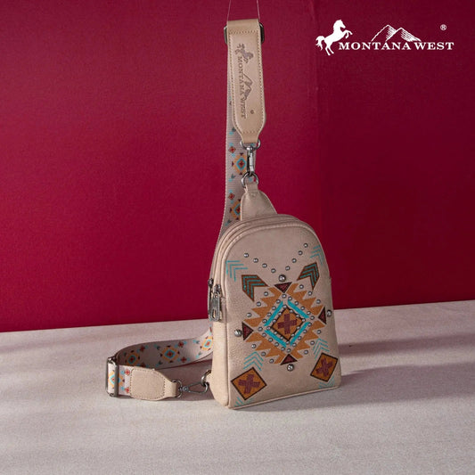 Montana West Embroidered Aztec Collection Sling Bag - Tan
