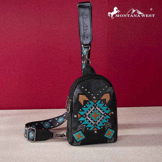 Montana West Embroidered Aztec Collection Sling Bag - Black