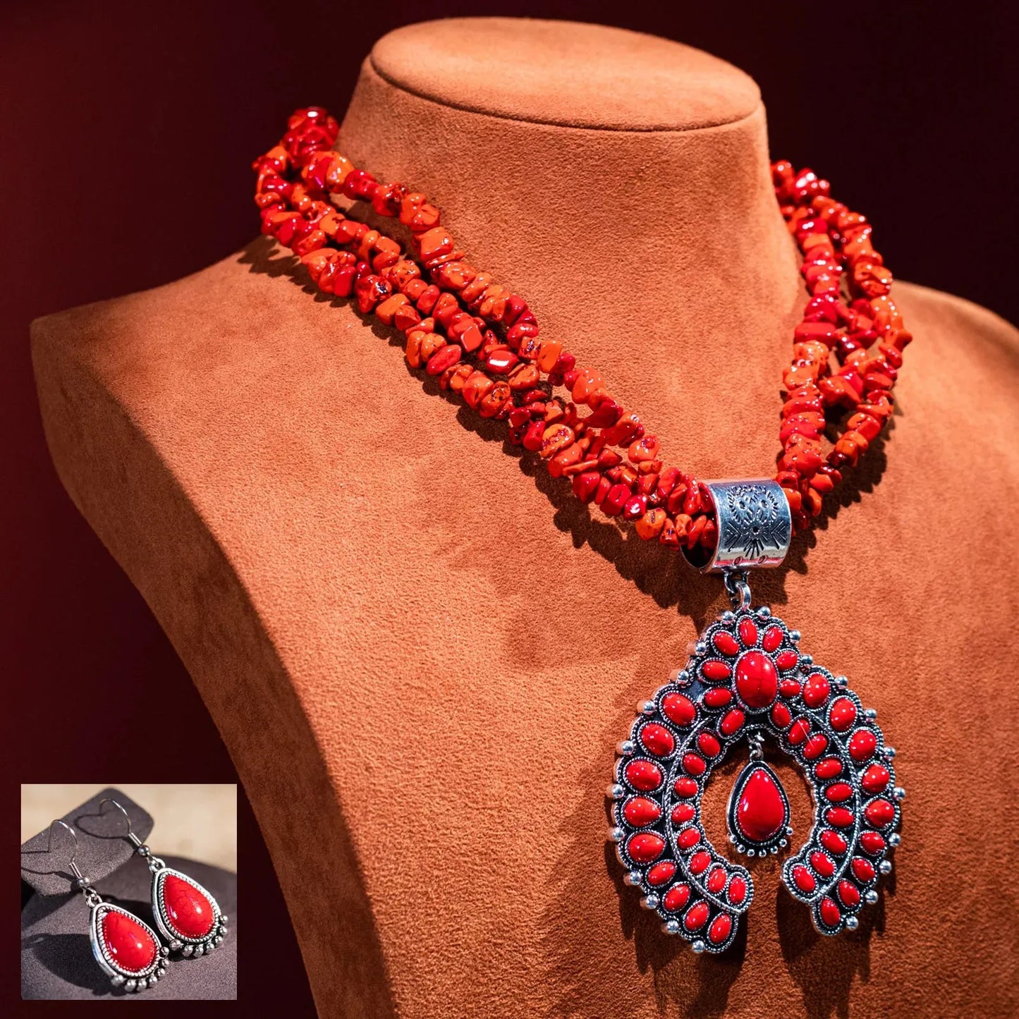 Rustic Couture Jewelry Sets Bohemian Pendant Necklace Earrings - Red - Chic Meadow Boutique