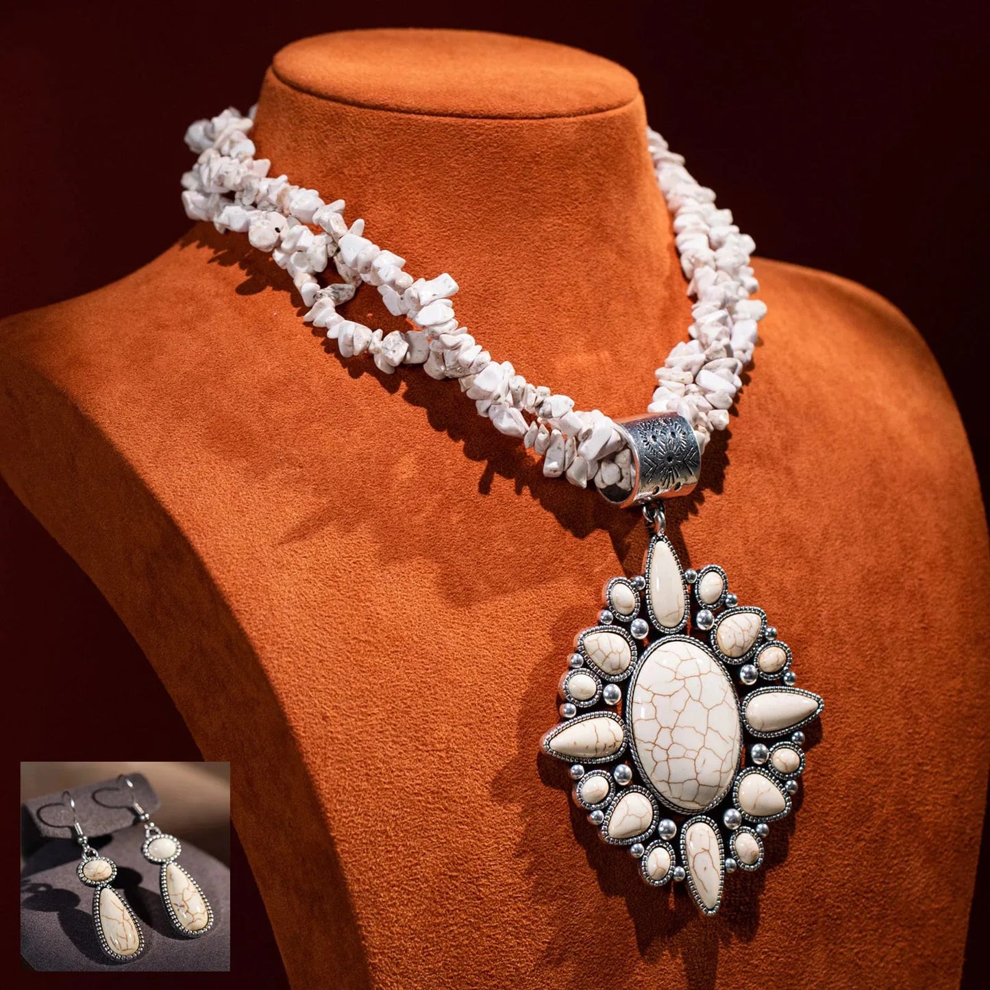 Rustic Couture Jewelry Sets Bohemian Pendant Necklace Earrings - White - Chic Meadow Boutique