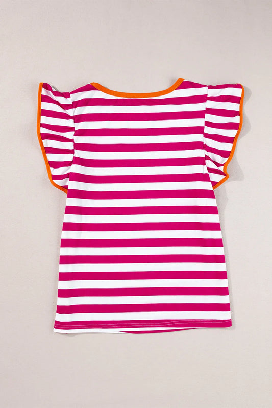 Rose Red Striped Ruffle Sleeve Crew Neck Blouse - Chic Meadow Boutique