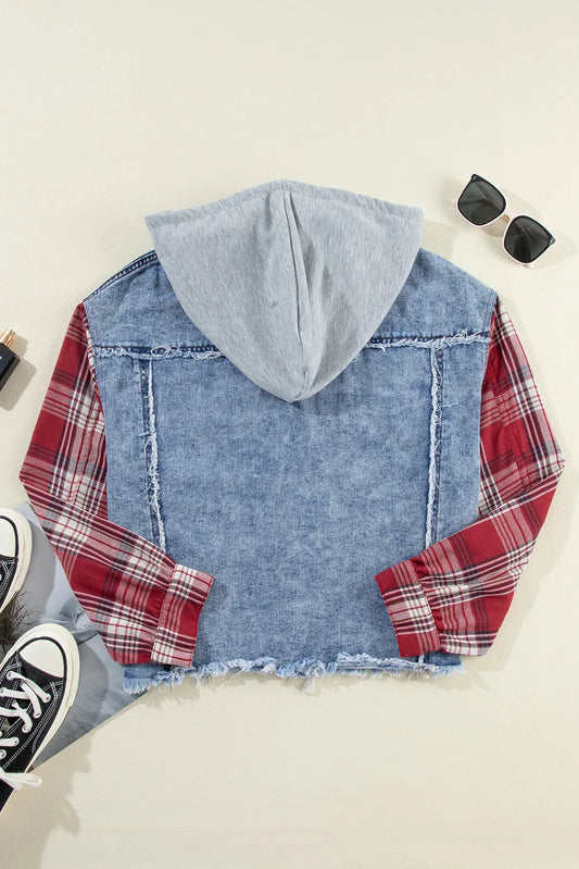 Beau Blue Plaid Print Patchwork Hooded Raw Hem Denim Jacket - Chic Meadow Boutique